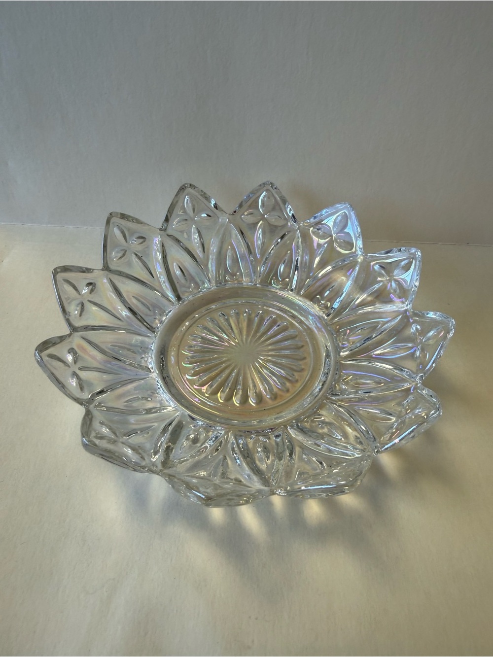 Vintage Small Iridescent Carnival Federal Glass Sunflower Petal Candy Dish Bowl.